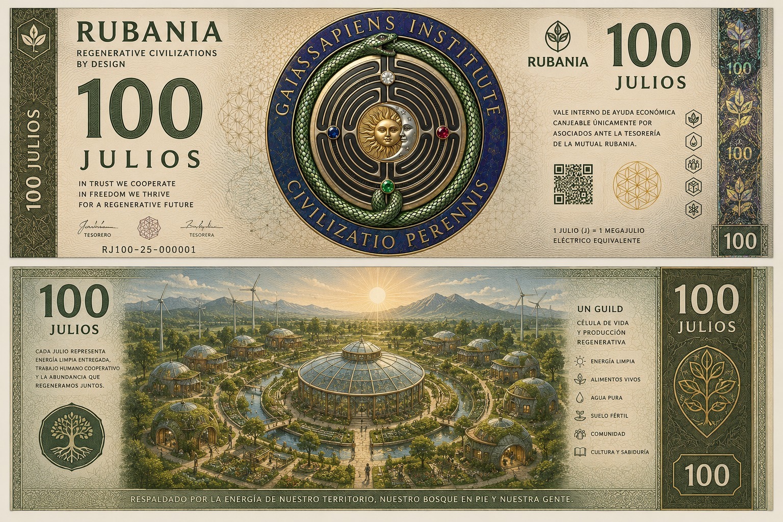 100 julios note, specimen — front: GaiaSapiens Institute seal, RJ100-25-000001; back: a guild cell with its domes, greenhouse and wind turbines